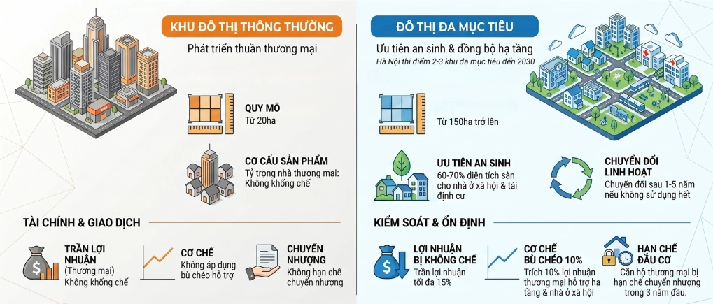 Những điểm kh&aacute;c biệt chủ yếu giữa khu đ&ocirc; thị đa mục ti&ecirc;u v&agrave; khu đ&ocirc; thị th&ocirc;ng thường